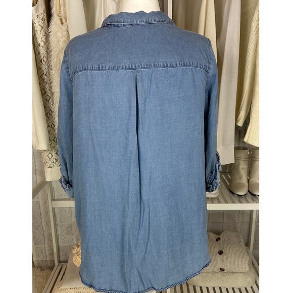 Intro Women's Size 2X Roll Tab Sleeve Medium Blue Chambray Blouse #0468 - Picture 5 of 12